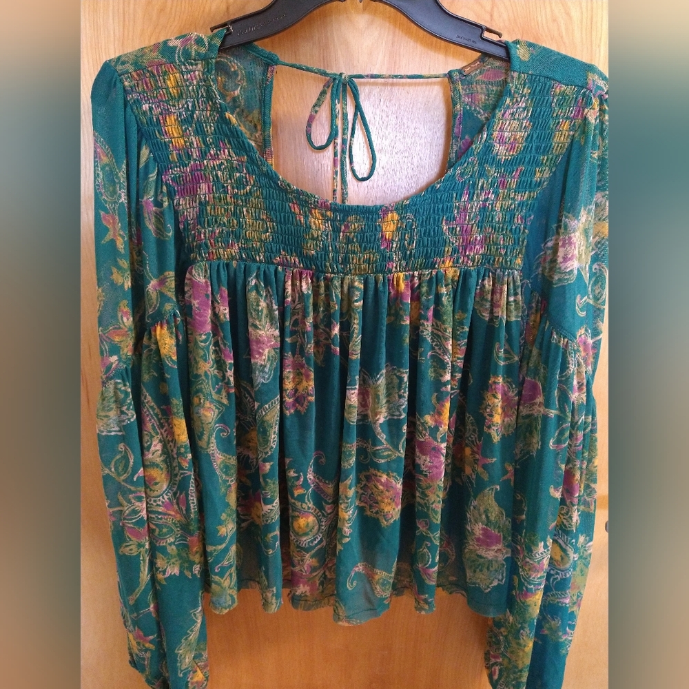 Free People Green Floral Smocked Blouse M  NWOT